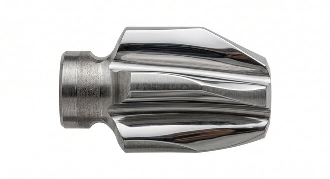 Extreme macro of a single planetary gear tooth involute profile. Machined case-hardened alloy steel power transmission component. Heavy industrial hardware isolated on white background.