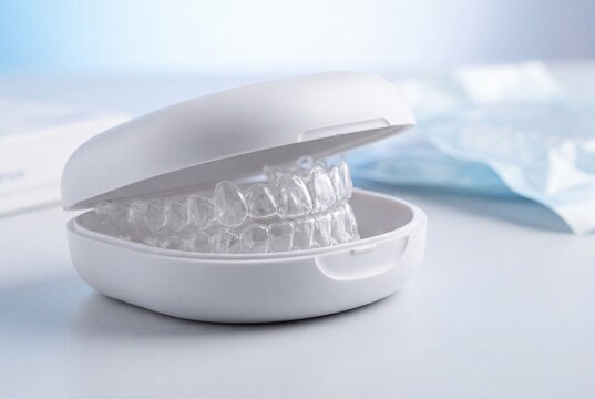 Transparent Dental Aligners in White Storage Case for Orthodontic Treatment