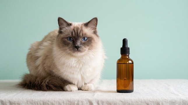A beautiful birman cat sitting next to an amber glass dropper bottle on a lightcolored surface against a soft teal background