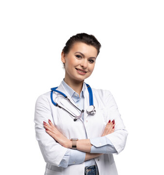 Portrait of pretty positive lady doctor with empty space blank isolated on white background.