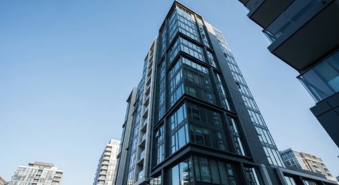 Modern Skyscraper Architecture Contemporary Glass Facade Building Under Clear Blue Sky