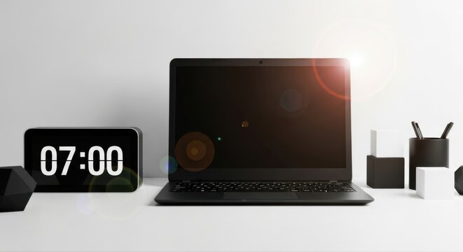 Morning work setup Laptop and digital clock showing 7 00 AM clean desk with office supplies and modern decor