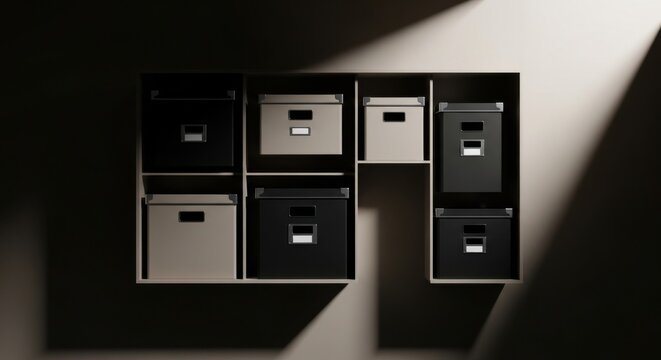 Modern Storage Solution Minimalist Boxes on Shelving Unit with Dramatic Light and Shadow