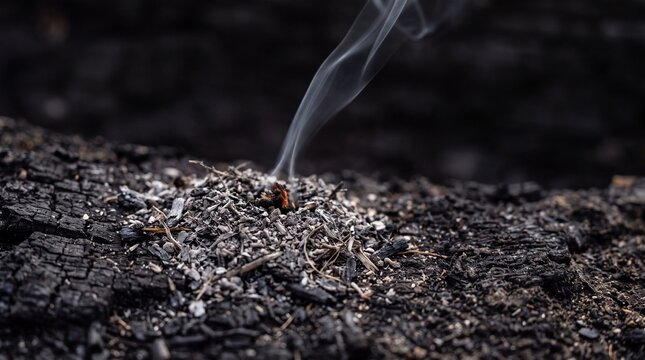 Smoldering embers and ash on charred wood surface with wisps of smoke rising, symbolizing destruction and renewal