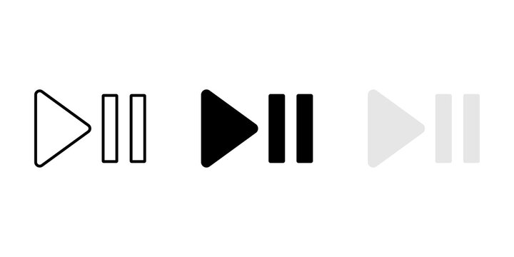 Play and pause button icons in outline solid and light styles for digital media player interface