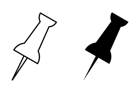Black and outline push pin icons set for office and school stationery supplies