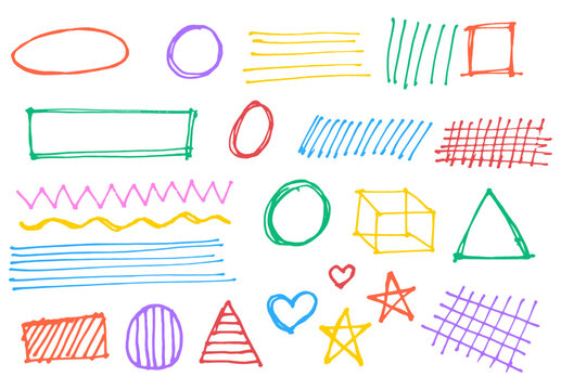 Set of colorful hand drawn shapes lines and markers isolated on white background