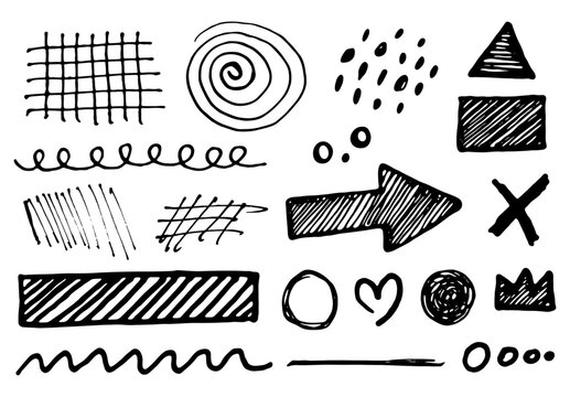 Hand drawn doodle elements set with arrows shapes lines and abstract geometric symbols