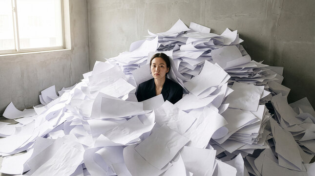Businesswoman buried under huge pile of papers symbolizing overwork and paperwork overload