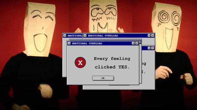 Person wearing paper bag mask reacts as retro dialog windows cascade announcing emotional overload on red backdrop. Absurdist humor visualizes anxiety and overwhelming feelings for mental health.