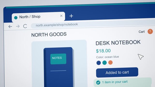 Screen recording of online shop checkout flow as cursor clicks add to cart button, updating badge and confirming purchase. Clean browser interface for e-commerce and UX tutorials.