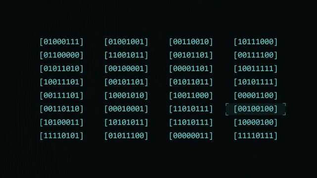 Random binary numbers animate across grid cells on dark screen in green monospace type. Matrix-style data sequence with highlighted values evokes computing and cybersecurity themes for tech projects.