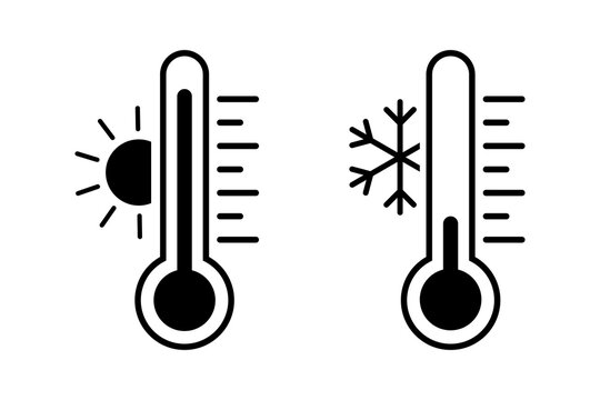 Black and white thermometer icons representing hot and cold weather temperature measurement