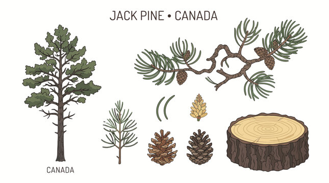 Very beautiful realistic flat vector botanical collection featuring Jack Pine tree, sapling, branch, short needles, fire-opened seed cones, pollen cones, rugged bark and wood cross-section, label "JAC