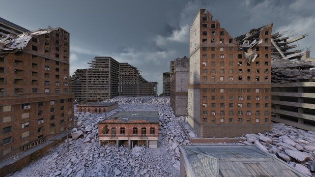 荒廃した街の風景　3DCGレンダリング