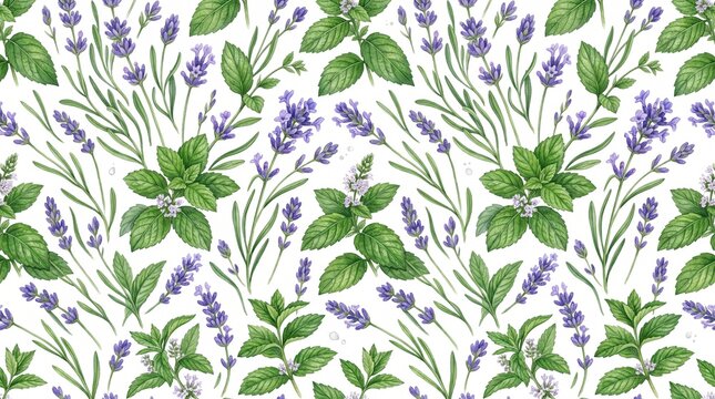Watercolor pattern of lavender and mint sprigs on white background