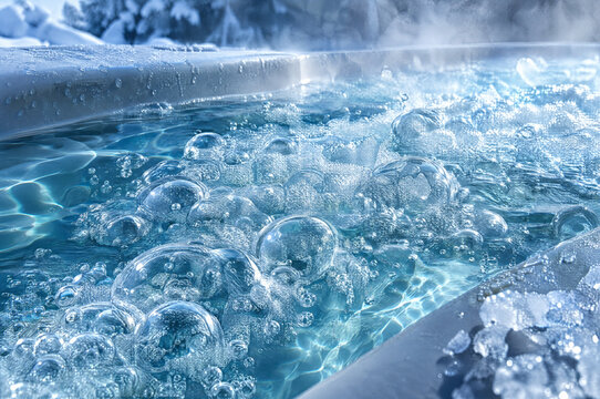 Hot tub jacuzzi water bubbling outdoors in winter, texture  