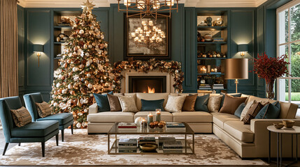 Obraz premium Luxurious Christmas living room interior design with decorated tree, fireplace, and elegant furnishings creating a cozy holiday atmosphere