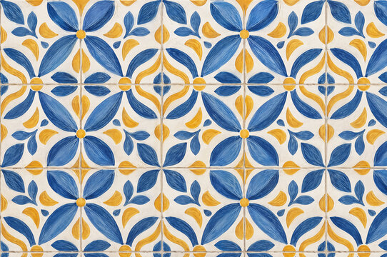 Hand painted ceramic texture with blue and yellow floral tile pattern  