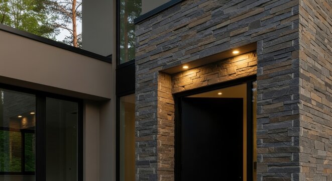 Modern Luxury Entrance Sleek Black Door Stone Facade Outdoor Lighting Architectural Detail