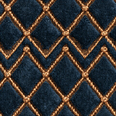 Fototapeta premium Seamless pattern blue velvet fabric creating a quilted diamond pattern, featuring golden decorative stitching. Rich texture and elegant design