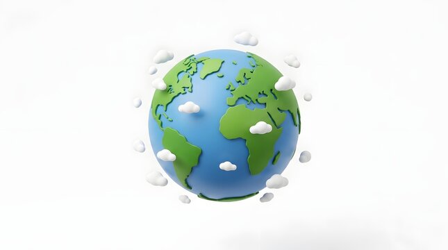 Isometric 3D Clay Planet Earth with Floating Clouds