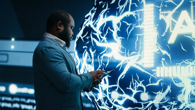 Programmer applies artificial intelligence guardrails and human oversight to limit AI autonomy in neural network governance and algorithmic systems.
