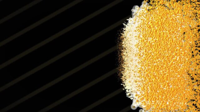 Orange particle cloud with glowing white edge drifting on right side of black backdrop with faint diagonal stripes, animated copy space background for titles