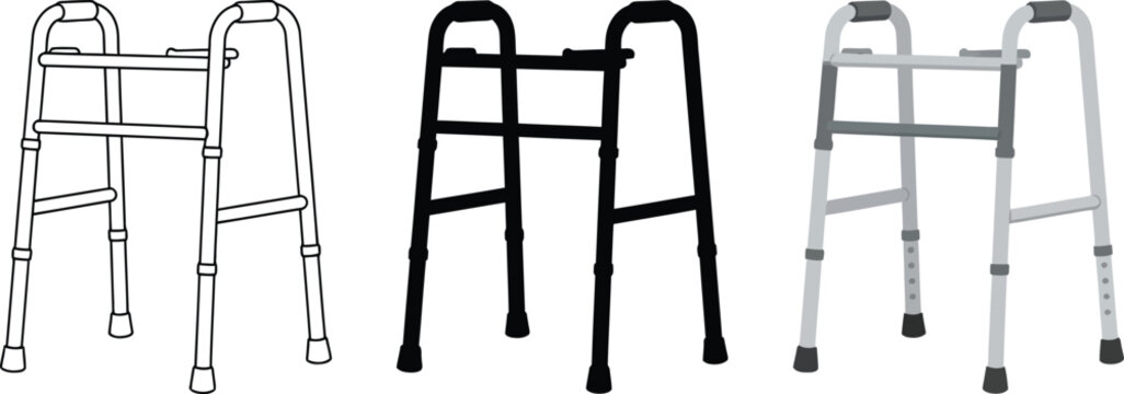 Orthopedic walker vector icons, medical mobility aid for senior rehabilitation, adjustable walking frame set for disability support