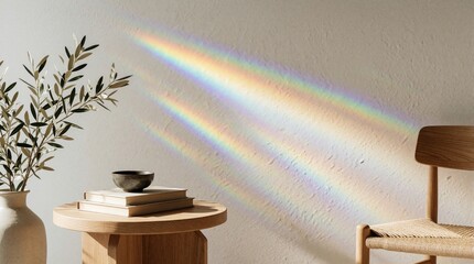 Fototapeta premium Rainbow prism light reflects on minimal beige wall. Natural sunlight creates colorful spectrum shadows in modern room. Aesthetic interior with wooden table, books, vase with olive branch, chair.