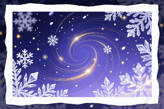 A winter holiday illustration in a whimsical style, featuring a swirling pattern of gold dots and white snowflakes on a blue background, surrounded by a white border.