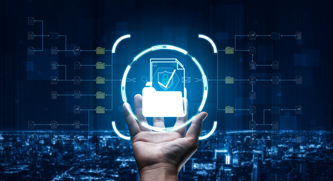 Digital security concept with hand holding a shield and file, representing data protection in a modern cyber environment against a city skyline. Sentient.