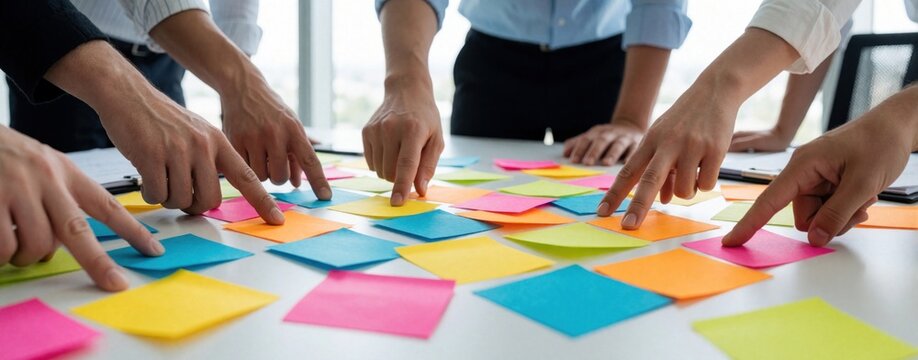 Diverse business team hands point at colorful sticky notes on white desk. Colleagues engage in brainstorming session, planning strategy, organizing project tasks. Group works together for creative