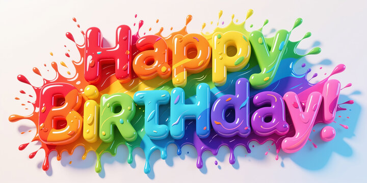 Vibrant birthday illustration in playful style with rainbow-colored letters and paint splatters on a white background, celebrating a special day.