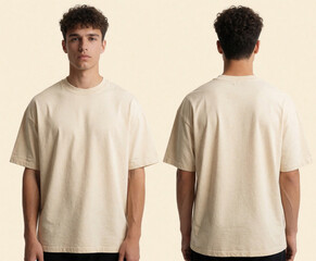 Fototapeta premium Young man wears beige oversized plain t-shirt. Male model shows front, back view of blank cotton shirt. Mockup template for apparel design on cream background. Casual streetwear clothing style for