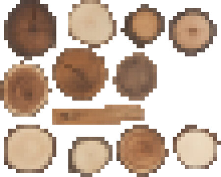 Wooden log textures with lumber circles for design and craft projects. Pixel art, 8-bit, transparent background