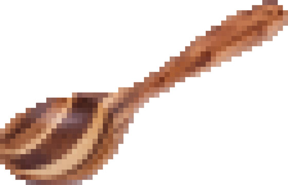 Wooden spoon isolated on white background for kitchenware design. Pixel art, 8-bit, transparent background