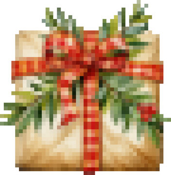 Wrapped gift with red bow and greenery decor for christmas celebration png isolated. Pixel art, 8-bit, transparent background