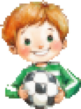 Young caucasian boy holding soccer ball with green striped shirt and freckles png isolated. Pixel art, 8-bit, transparent background
