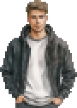 Young caucasian male in hoodie with hands in pockets illustration png isolated. Pixel art, 8-bit, transparent background