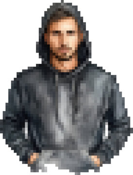 Young caucasian male in gray hoodie with hands in pockets png isolated. Pixel art, 8-bit, transparent background