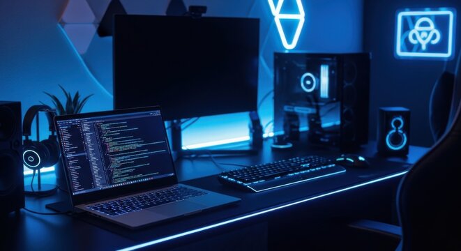 Modern Gaming or Coding Setup Laptop PC Monitor Neon Lights and Headphones
