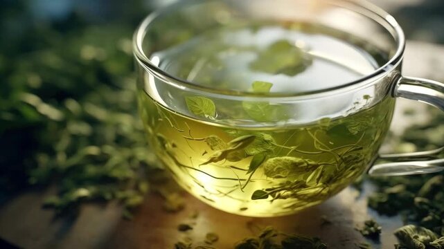 Close-up of a Glass Cup with Herbal Green Tea and Floating Leaves