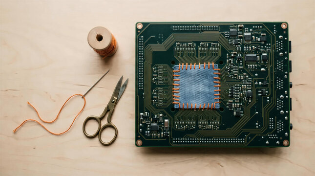 Circuit board mended with sewn denim patch beside needle and scissors