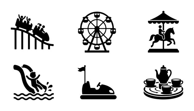 Amusement park rides silhouettes set with roller coaster, Ferris wheel, carousel, waterslide, bumper car and tea cups for fun or travel