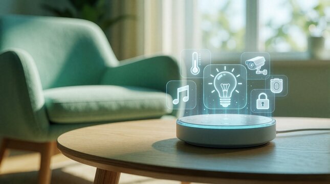 Modern smart home device on wooden table in living room. Digital interface shows icons for temperature, music, lighting, security camera, smart lock. Wireless tech controls household automation,