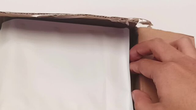 Hand Opening Cardboard Box Containing White Standing Pouch