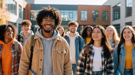 Obraz premium Diverse group of happy students walk together on modern university campus. Smiling young people carry backpacks, books exploring college grounds. Multicultural friends enjoy sunny day outdoors during