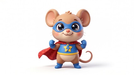 Fototapeta premium Cute baby mouse superhero wearing a cape and mask on white background