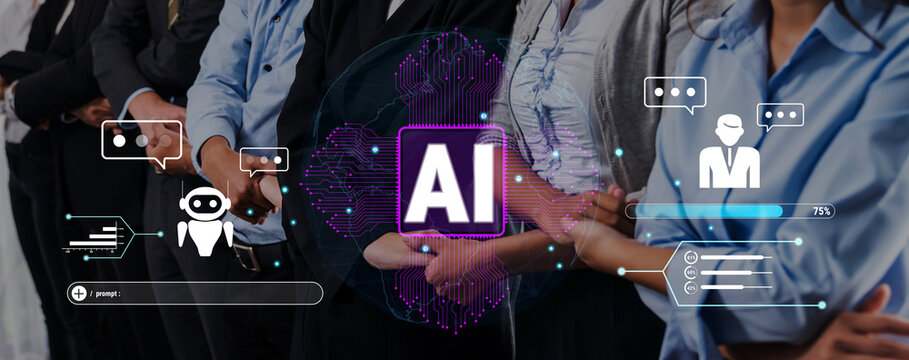 A diverse group of professionals in a workplace engaging in discussion while AI technology visuals highlight modern communication trends and collaborative strategies in business settings. Trope
